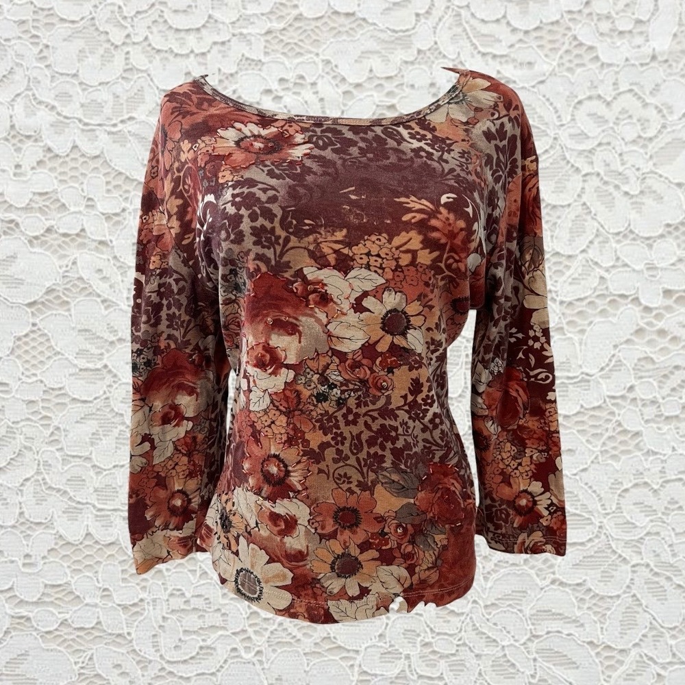 vintage y2k fall patterned 3/4 sleeve beaded floral top